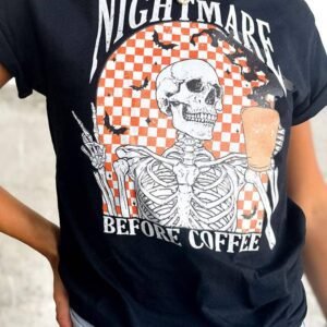 Black Nightmare Before Coffee Skull Checkerboard Graphic Halloween Tee