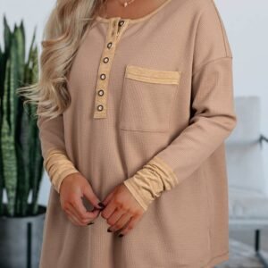 Dark Khaki Color Block Waffle Textured Tunic Henley Top With Slits