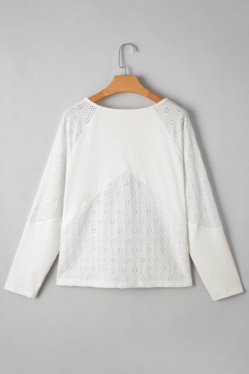 White Twisted Rib Patchwork Embroidered Loose V Neck Long Sleeve Top
