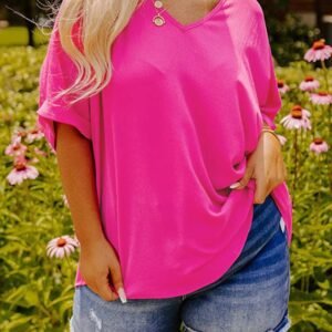 Bright Pink Seamed Back High Low Hem V Neck Cuffed Sleeve Plus Size Tee