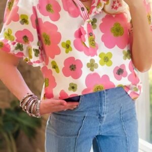Pink Floral Ruffle Short Sleeve Striped Buttoned Collar Blouse