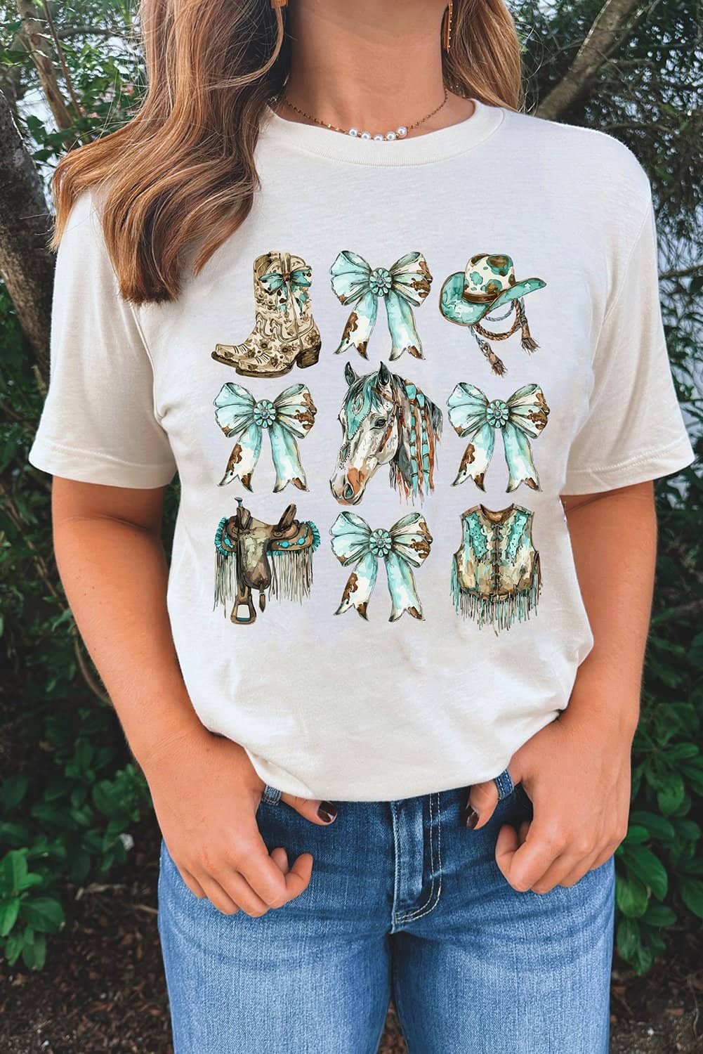 White Horse Bowknot Cowgirl Fashion Print Crewneck Tee