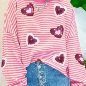 Pink Stripe Sequin Heart Patched Pattern Long Sleeve Valentines Top