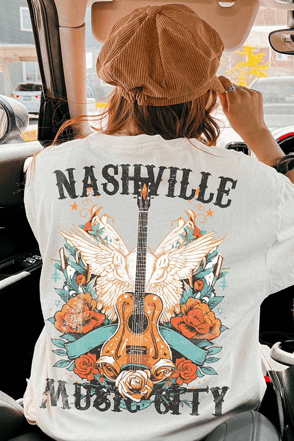 White Nashville Music City Guitar Wings Graphic Tee