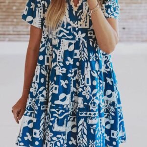 Blue Ricrac Trim Split Neck Floral Loose Dress