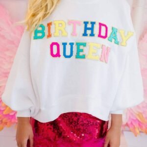 White Birthday Queen Graphic Balloon Sleeve Sweatshirt