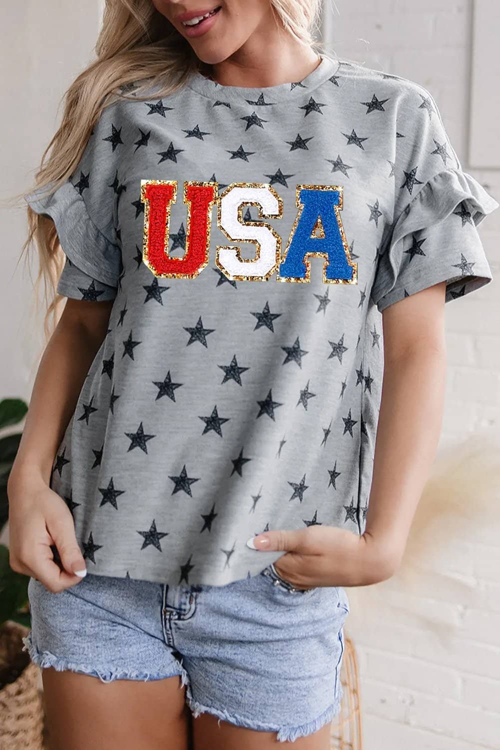 Gray Usa Letter Patched Star Printed Ruffle Trim Sleeves Loose Tee