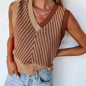 Light French Beige Contrast Chevron Knit V Neck Sweater Vest