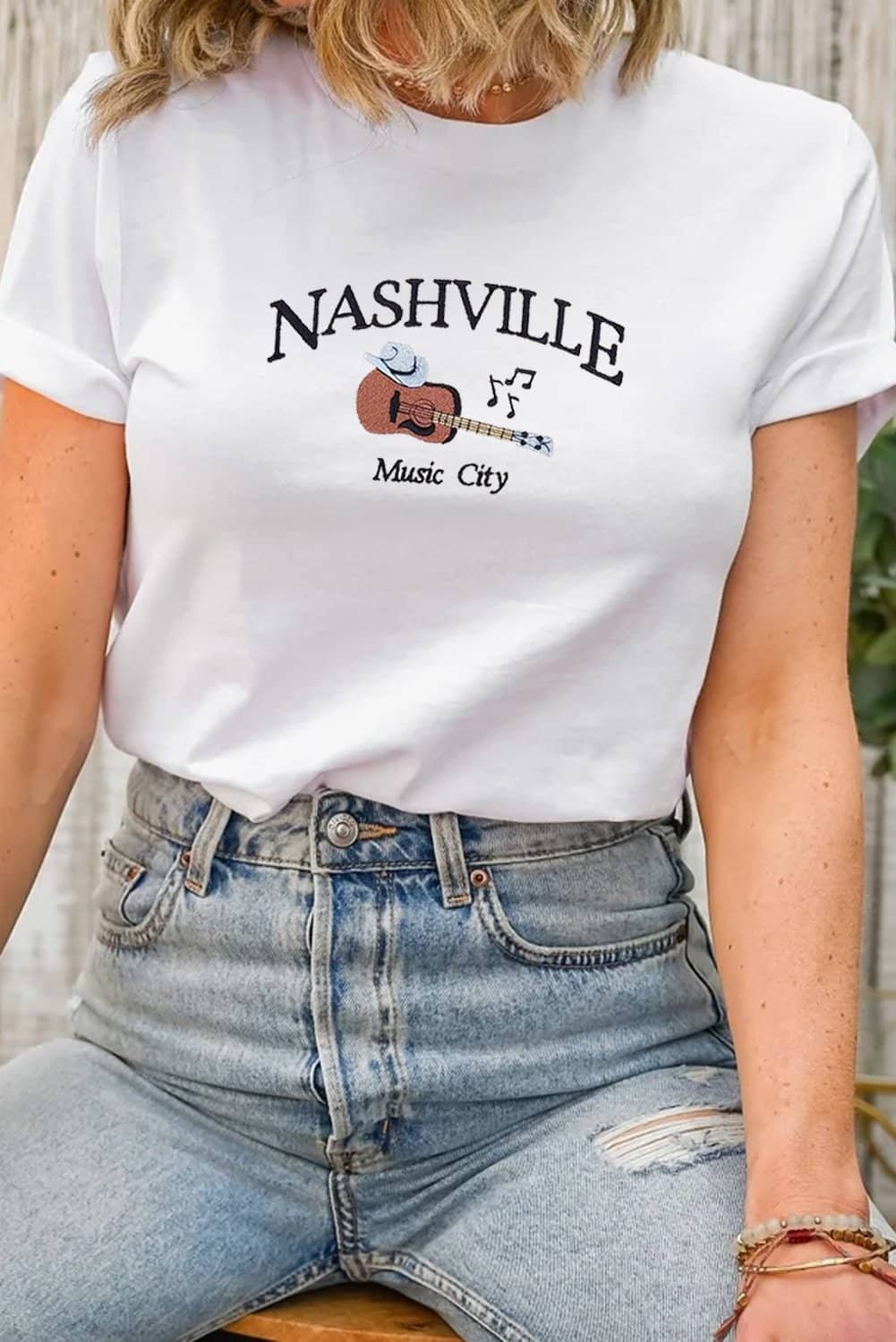 White Guitar Nashville Music City Print Crewneck Tee