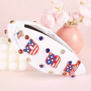 White Usa Flag Gemstone Decor Knotted Wide Headband