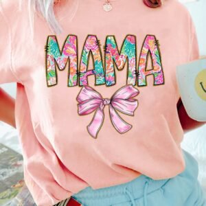 Pink Floral Mama Bowknot Print Crewneck T Shirt