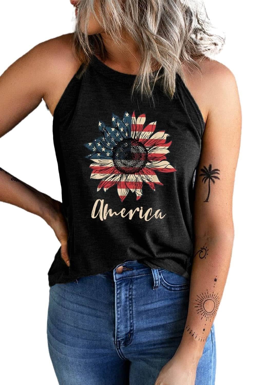 Black America Stars And Stripes Sunflower Tank Top