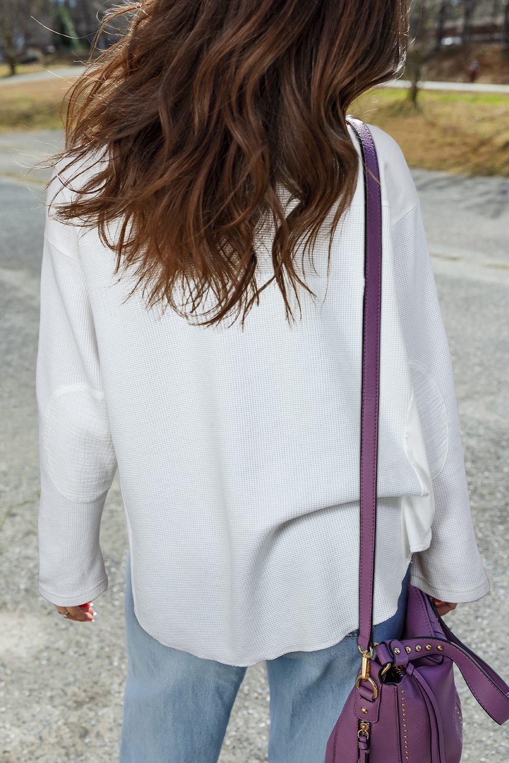 White Solid Color Waffle Ribbed Patchwork Dolman Sleeve Oversize Knit Top