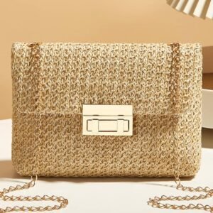 Camel Woven Chain Strap Flap Shoulder Bag