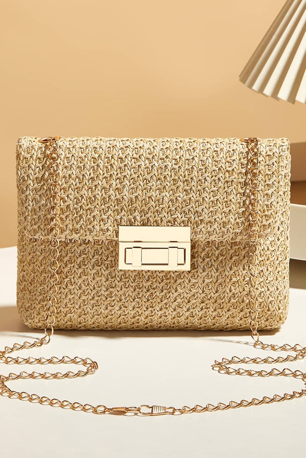 Camel Woven Chain Strap Flap Shoulder Bag