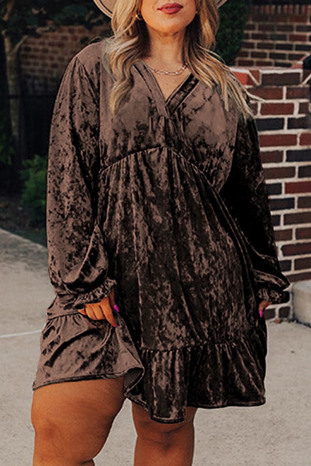 Coffee Plus Size Velvet Babydoll Mini Dress With Puff Sleeve