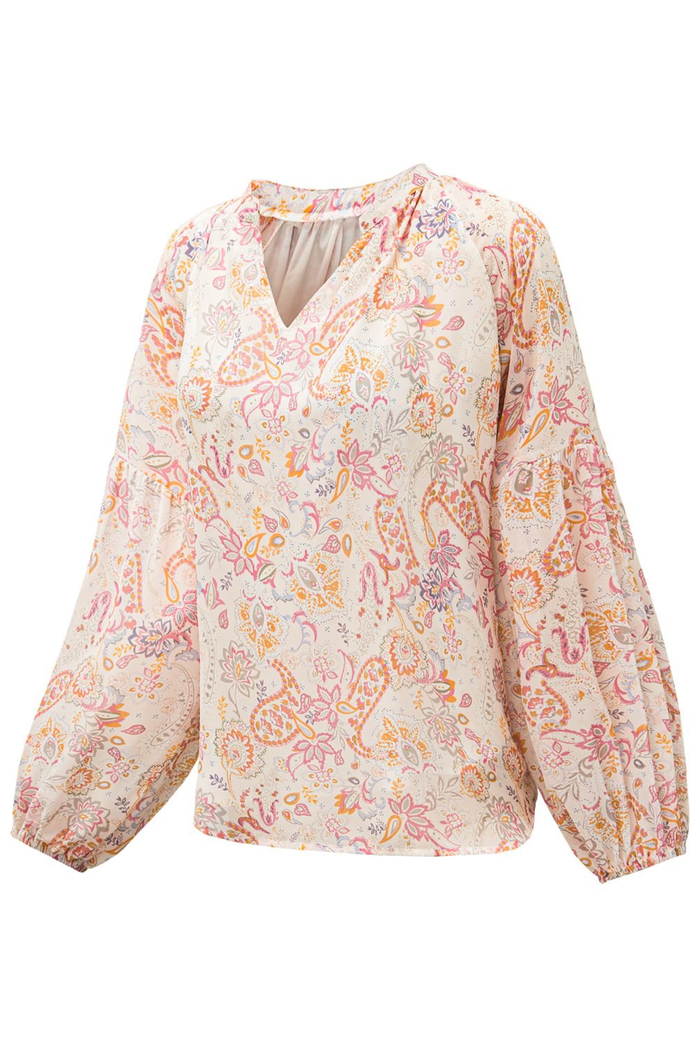 Golden Apricot Floral Print V Neck Long Puff Sleeve Top