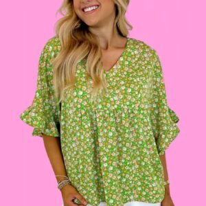 Green Floral Print Ruffle Sleeve V Neck Blouse Top