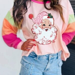 Pink Christmas Santa Claus Graphic Colorblock Patchwork Top