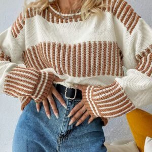 Khaki Two Tone Striped Patchwork Drop Shoulder Loose Sweater