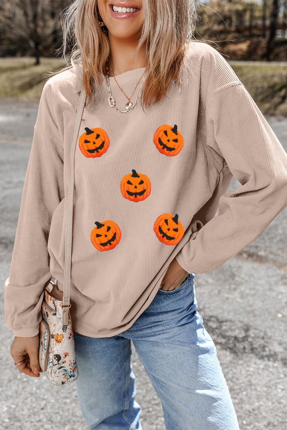 Apricot Twisted Rib Texture Chenille Halloween Pumpkin Patched Drop Shoulder Sweatshirt