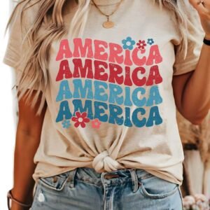 Khaki America Letter Floral Print T Shirt
