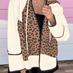 Brown Leopard Star Hooded Patchwork Contrast Piping Open Front Jacket