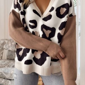 Jet Stream Leopard Print Color Block Patchwork Sleeve V Neck Sweater