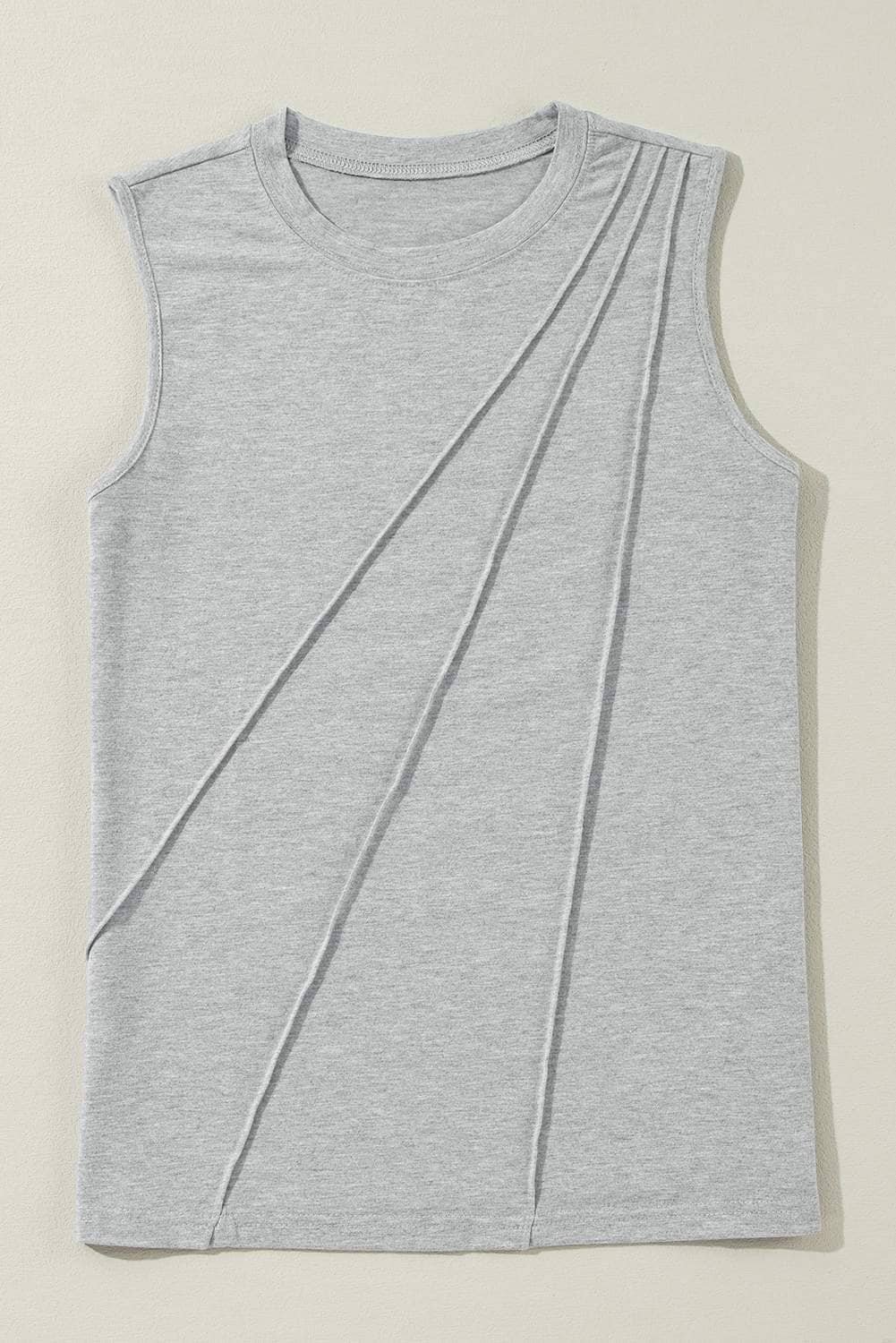 Gray Crew Neck Pleated Tank Top