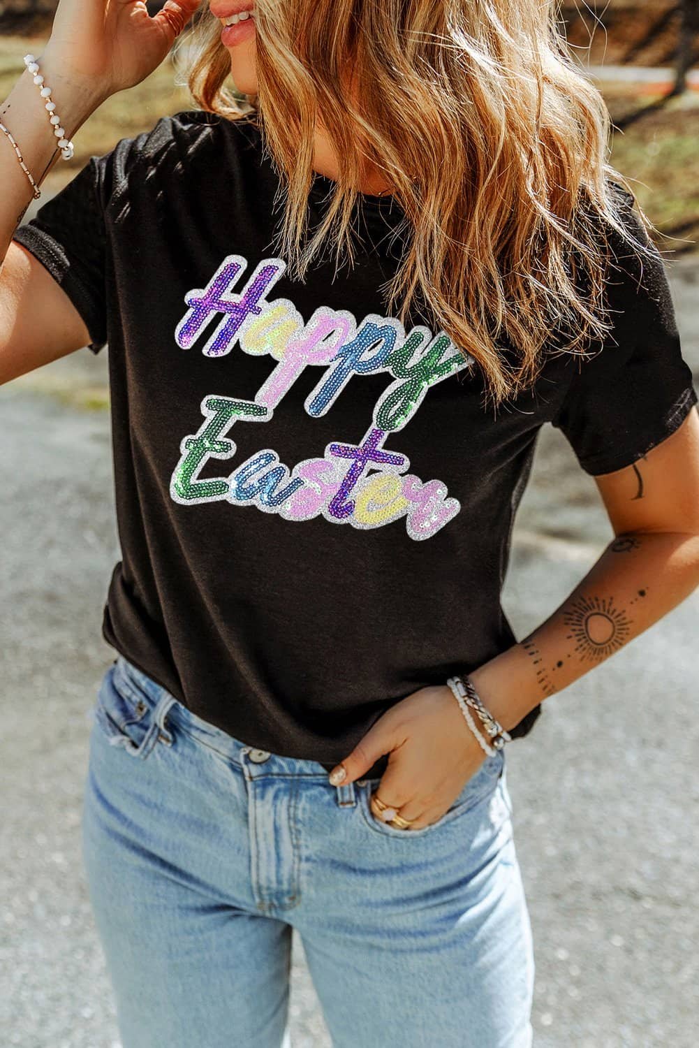 Black Sequined Happy Easter Graphic Tee