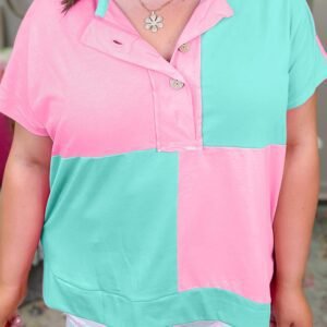 Mint Green Colorblock Patchwork Short Sleeve Buttons Plus Size Henley Top
