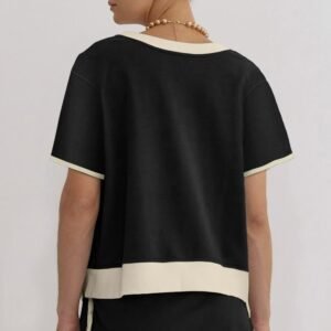 Black Sequin Rugby Football Bow Patched Colorblock Edge Tee And Skort Set