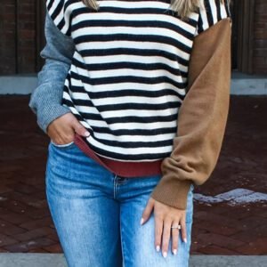 Color Black Striped Panels Colorblock Sleeve Chic Sweater