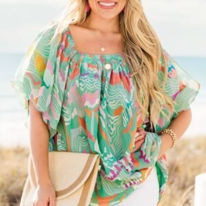 Green Tropical Boho Print Puff Sleeve Square Neck Loose Plus Blouse