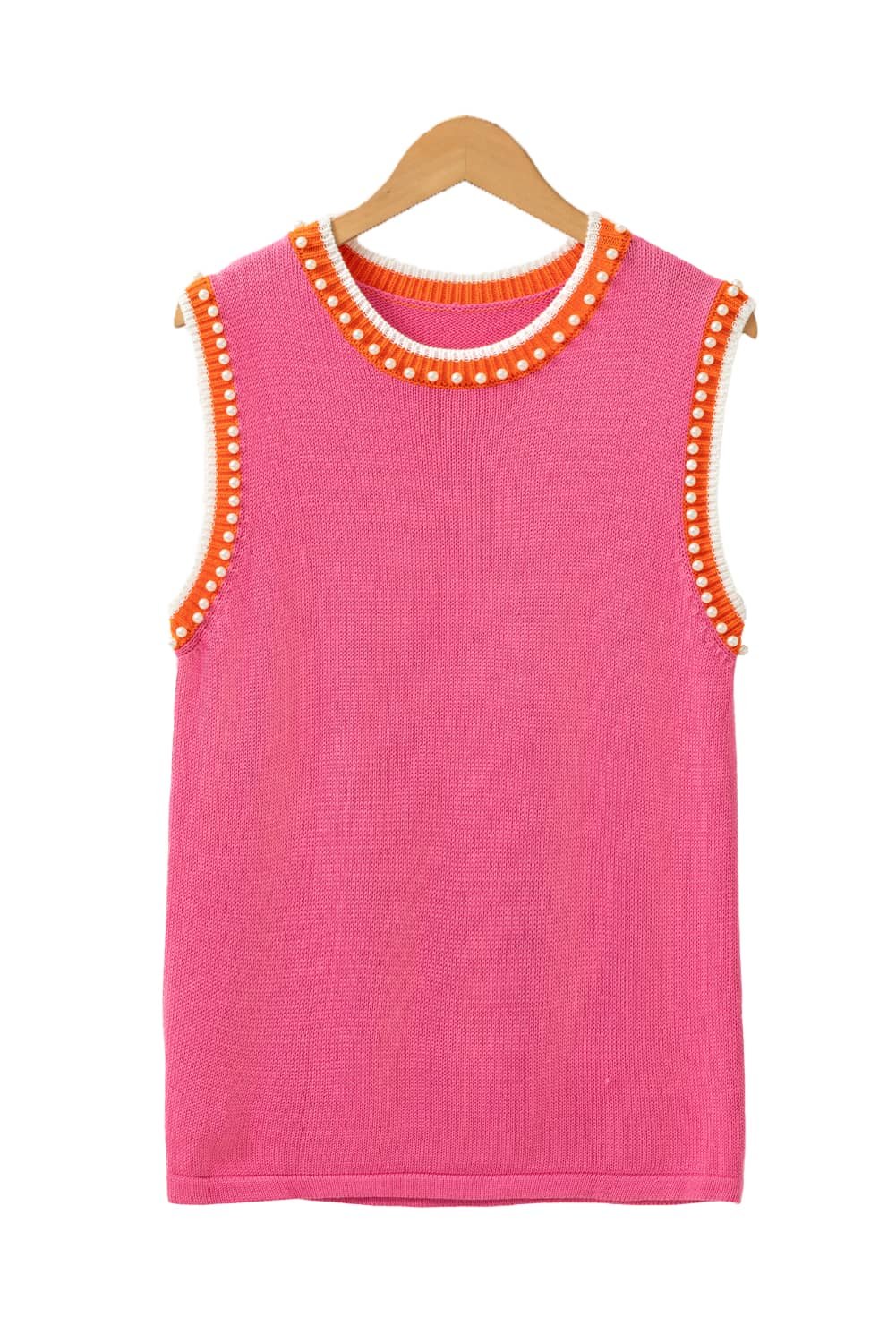 Bright Pink Contrast Trim Pearl Detail Sweater Tank Top