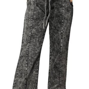 Black Plus Size Tie Dye Drawstring Splicing Wide Leg Jeans