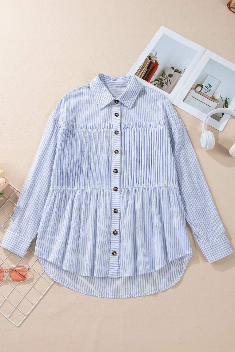 Sky Blue Stripe Ruffled Button Up Long Sleeve Shirt