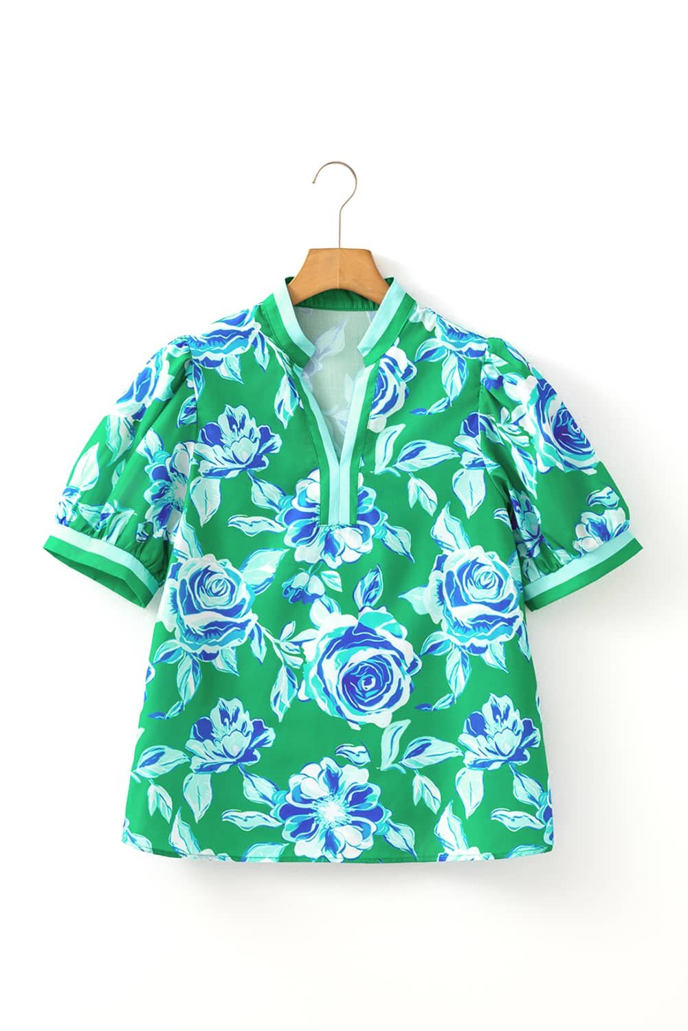 Bright Green Rose Floral Print Puff Short Sleeve Summer Blouse