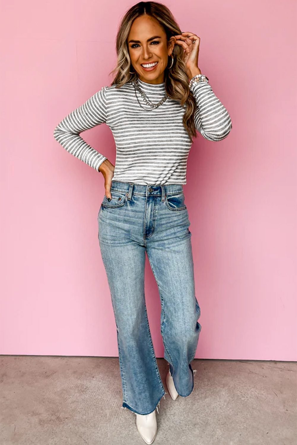 Gray Stripe Ribbed High Neck Slim Fit Long Sleeve Top