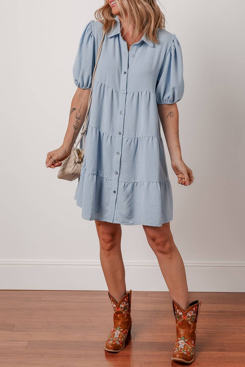 Beau Blue Shirt Collar Button Up Short Puff Sleeve Tiered Shift Dress