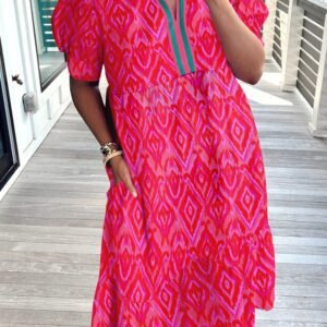 Red Allover Print Contrast Split Neckline Short Puff Sleeve Curvy Dress