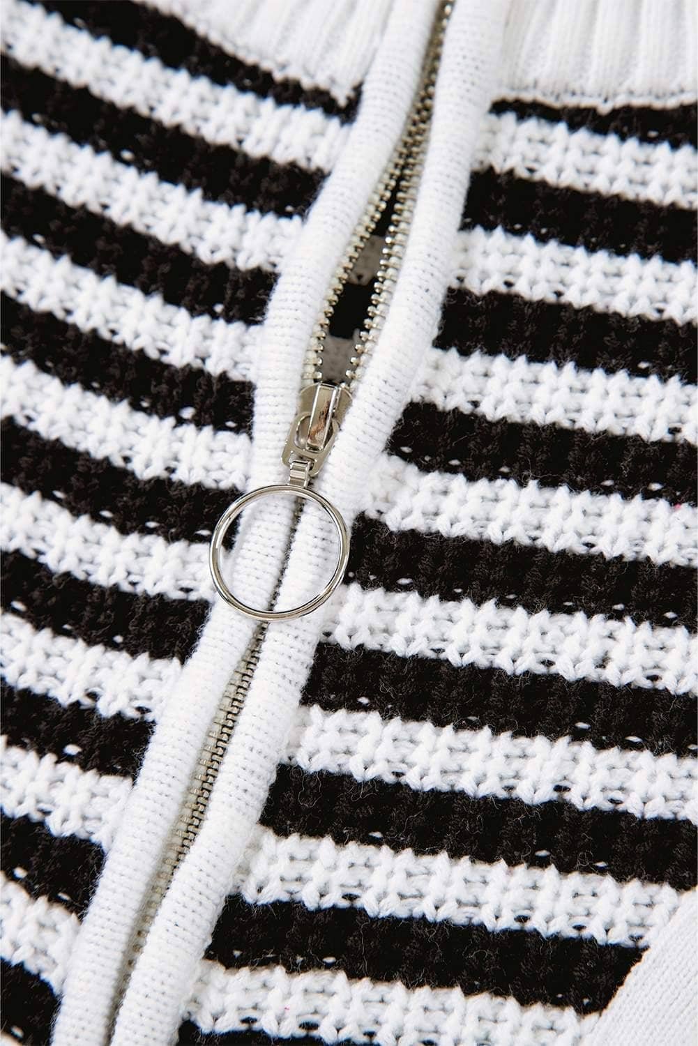 Black Stripe Zip Up Collar Drop Shoulder Sweater