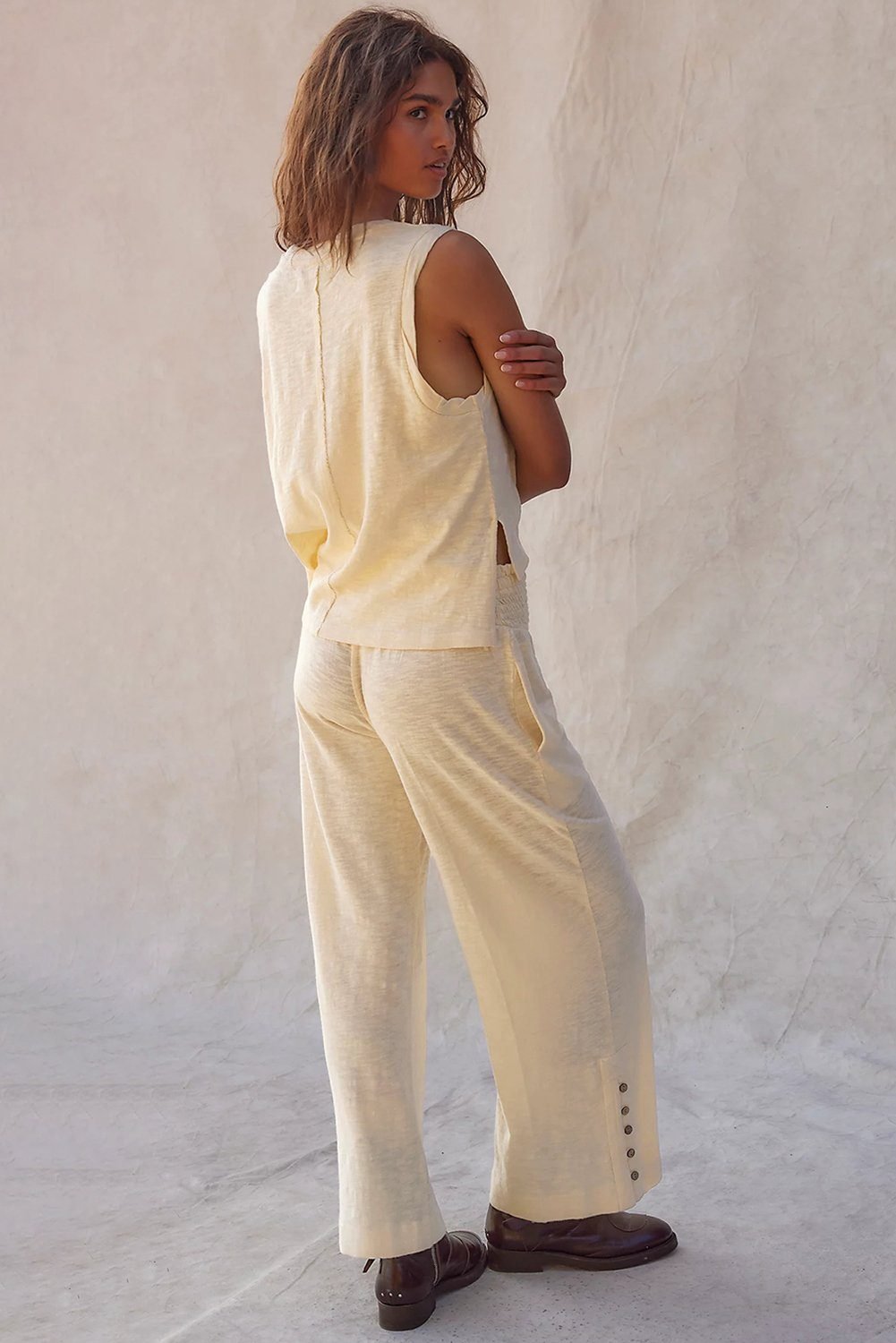 Beige Solid Color Tank Top And Smocked Waist Pants Set