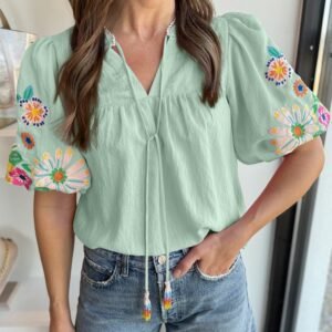 Clearly Aqua Floral Embroidered Puff Sleeve Split Neck Blouse