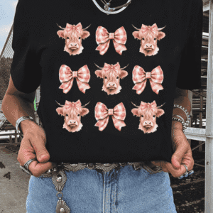 Black Cow With Bow Graphic Crewneck Western Tee