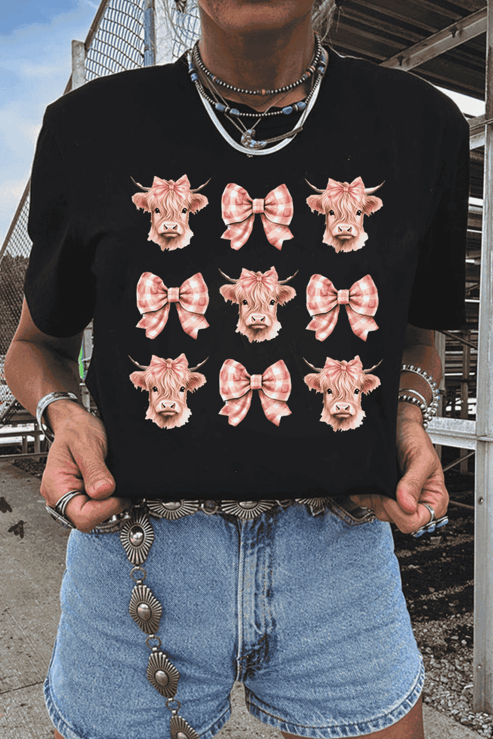 Black Cow With Bow Graphic Crewneck Western Tee