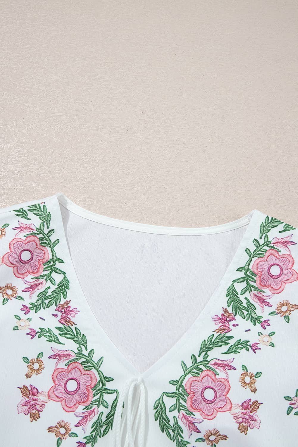 White Flower Lace-Up V Neck Babydoll Blouse