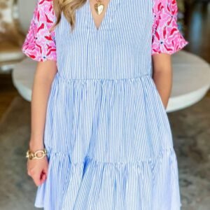 Sky Blue Stripe Contrast Floral Puff Sleeve Tiered Ruffle Dress