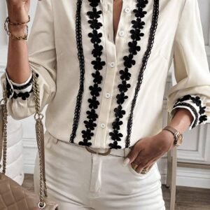 Beige Floral Embroidered Stand Neck Buttoned Shirt