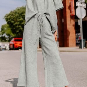 Gray Textured Loose Fit T Shirt And Drawstring Pants Set